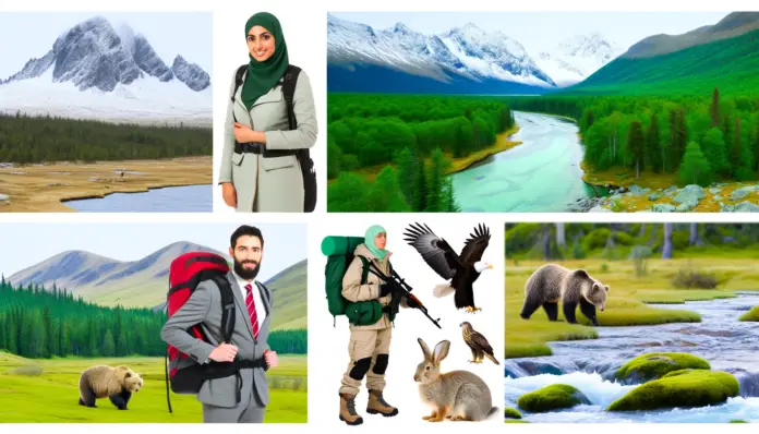 10-essential-tips-for-hiking-in-extreme-weather-stay-safe-and-comfortable-on-every-adventure Alt text: A diverse outdoor scene with snowy mountain peaks, green hills, a clear river, and a vibrant forest. Bears, eagles, and