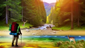 10-essential-tips-for-solo-hiking-how-to-prepare-for-a-safe-and-enjoyable-trip Alternate text: "A lone hiker equipped with a backpack and hiking boots stands in a lush forest with a clear river running through it. A graceful