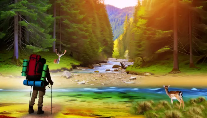 10-essential-tips-for-solo-hiking-how-to-prepare-for-a-safe-and-enjoyable-trip Alternate text: "A lone hiker equipped with a backpack and hiking boots stands in a lush forest with a clear river running through it. A graceful