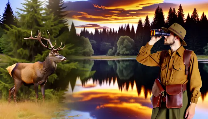 10-essential-tips-for-your-beginners-guide-to-deer-hunting-what-you-need-to-know-to-succeed A captivating outdoor scene featuring a dense forest of tall pine trees, a tranquil lake reflecting the orange hues of an evening sky, and a majestic deer standing