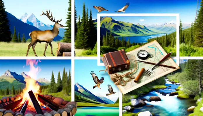 10-must-try-best-game-meat-recipes-venison-edition-for-outdoor-enthusiasts A vibrant and inviting scene of the wilderness: mountains, forests, and rivers. Deer prancing in the underbrush, birds of prey soaring in the