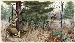 Vintage watercolor illustration of post‑rut whitetail bucks bedded near evergreen thermal cover with a trail camera on a tree and a food edge in fall frost